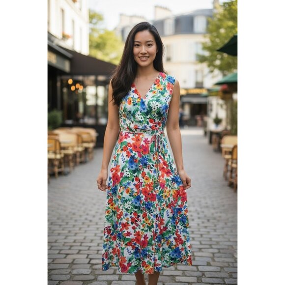 Calvin klein Women sleeveless Floral faux wrap Maxi Dress Size 6 Orange Blue - Picture 1 of 14